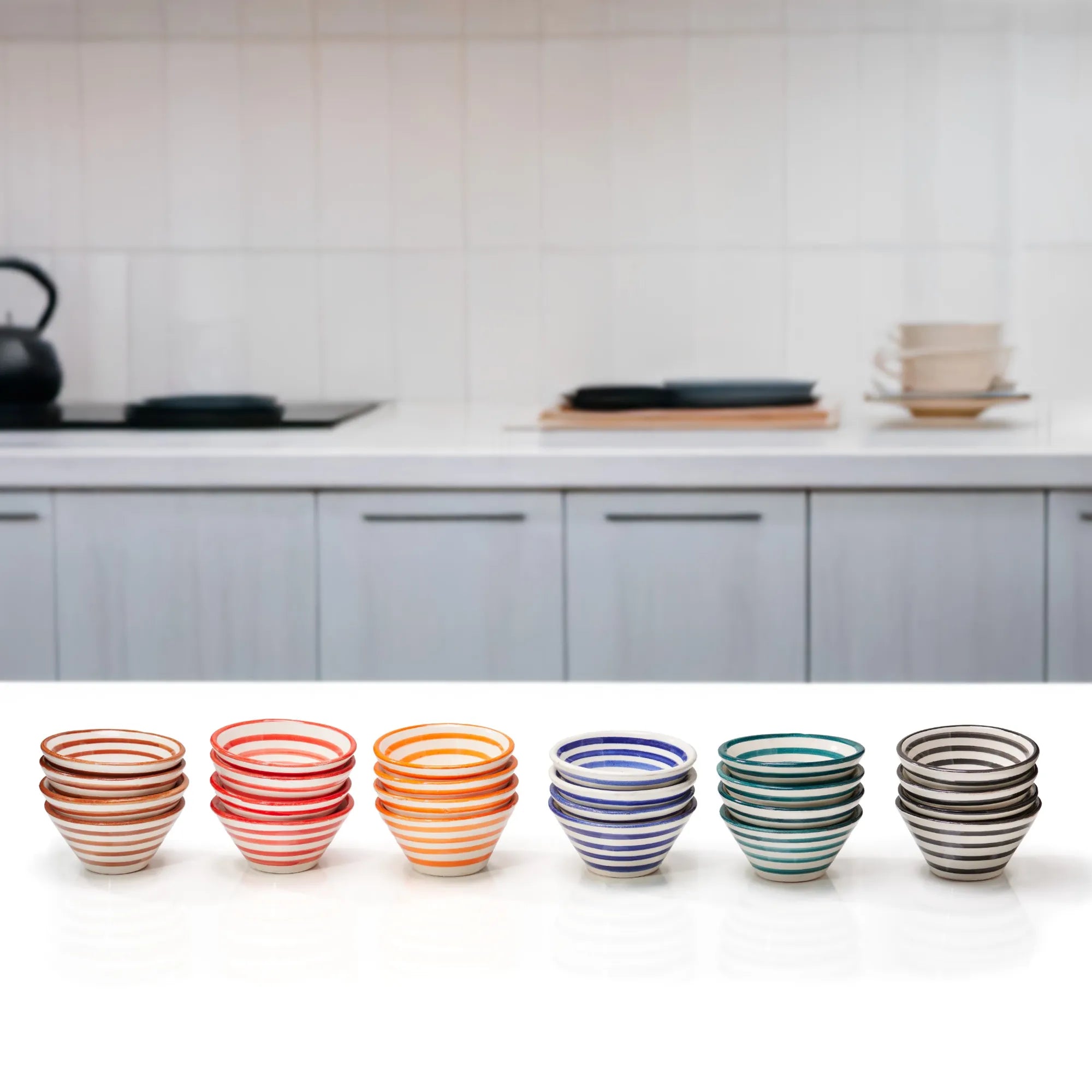 Handmade Ceramic Striped Dip Bowls - Set of 4