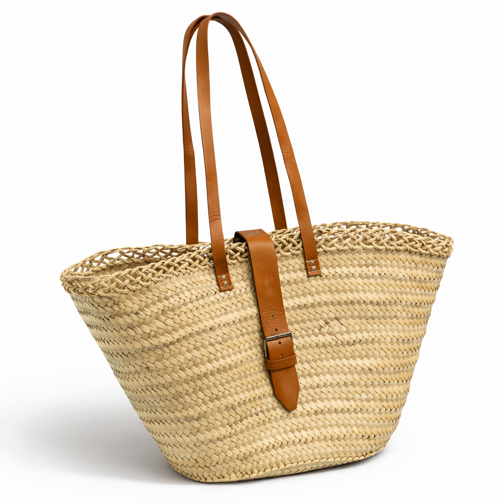 Woven straw tote bag with brown leather straps on a white background