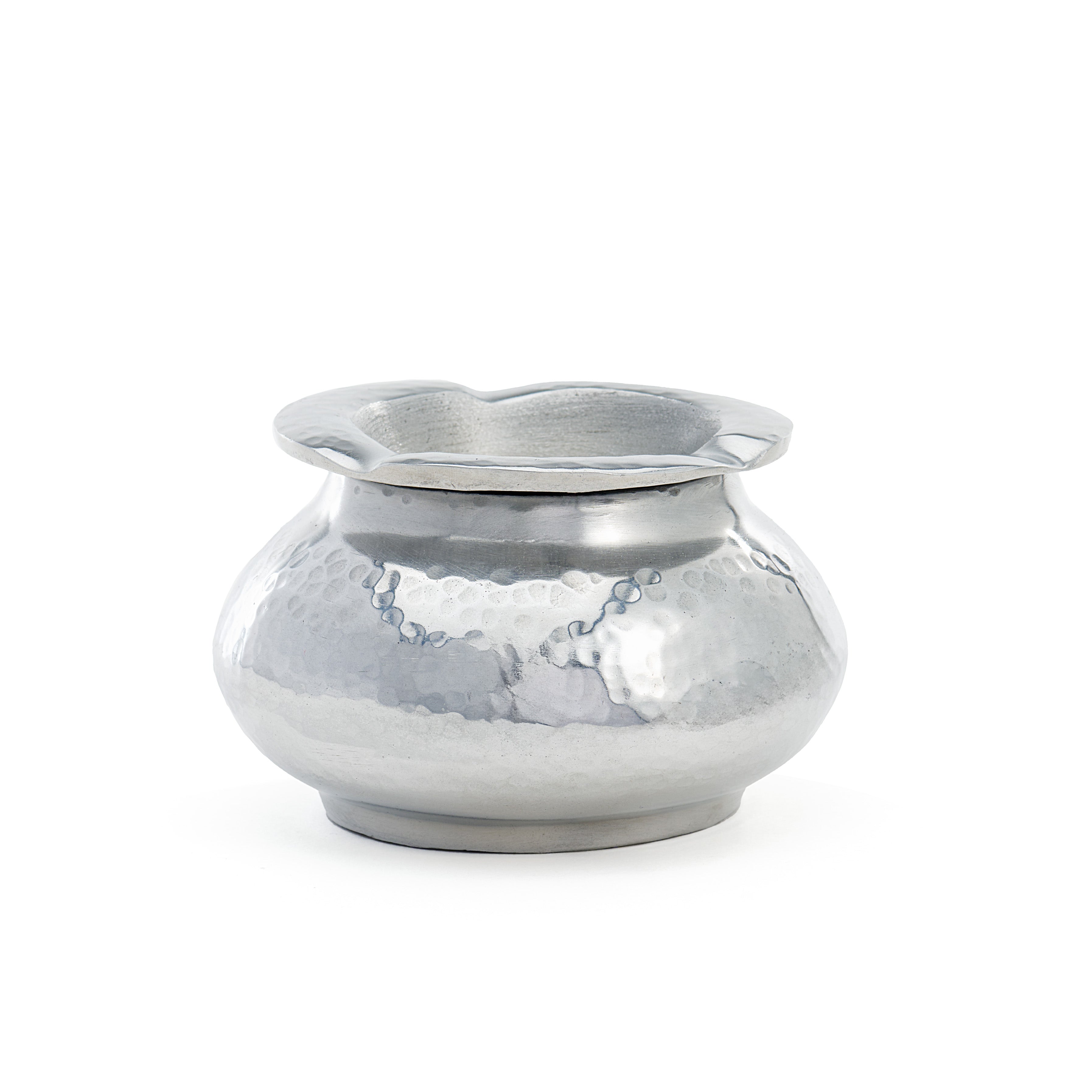 Silver metallic Ashtray with a textured hammered surface on a white background 