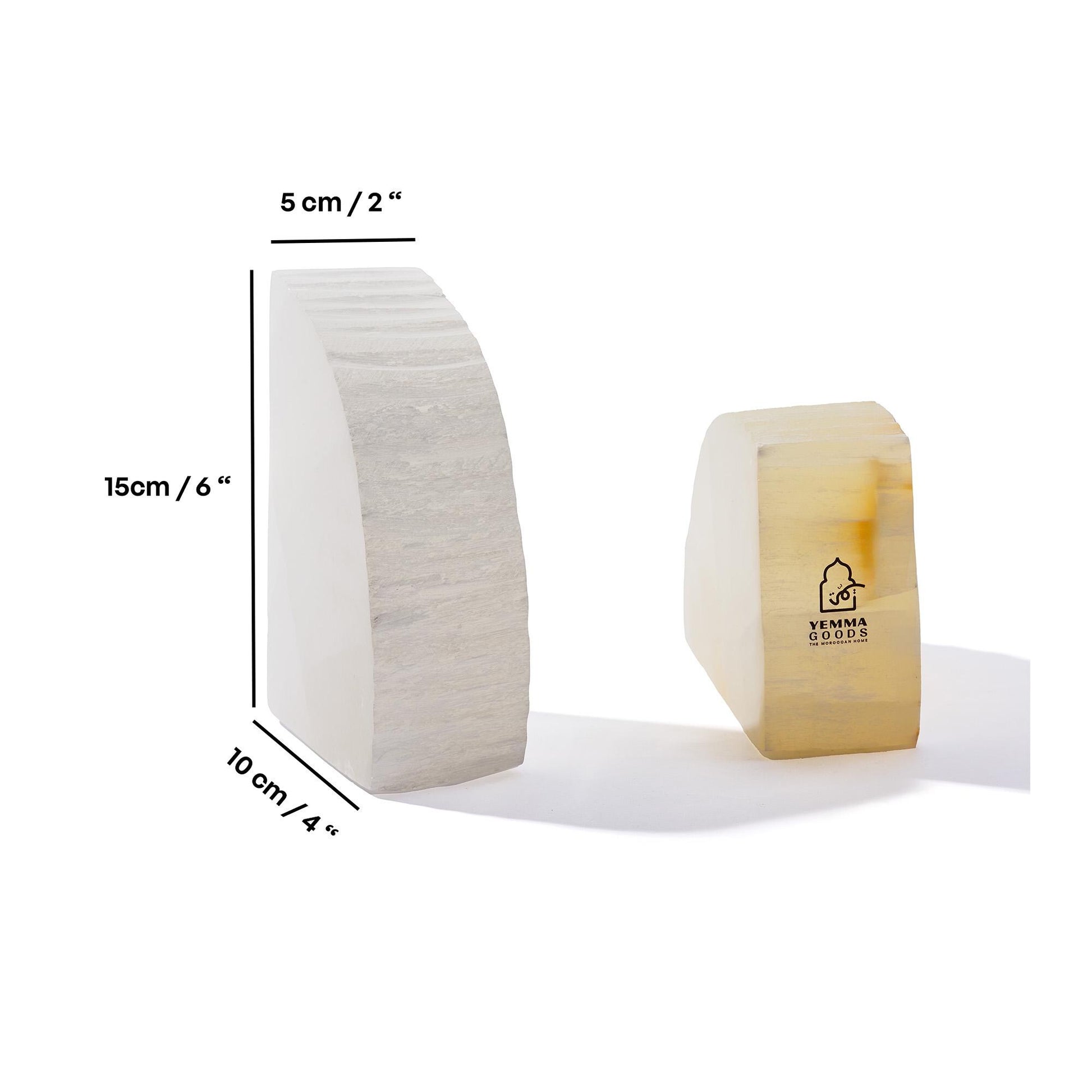 set of 2 selenite crystal candle holder with dimensions showing on the left one
