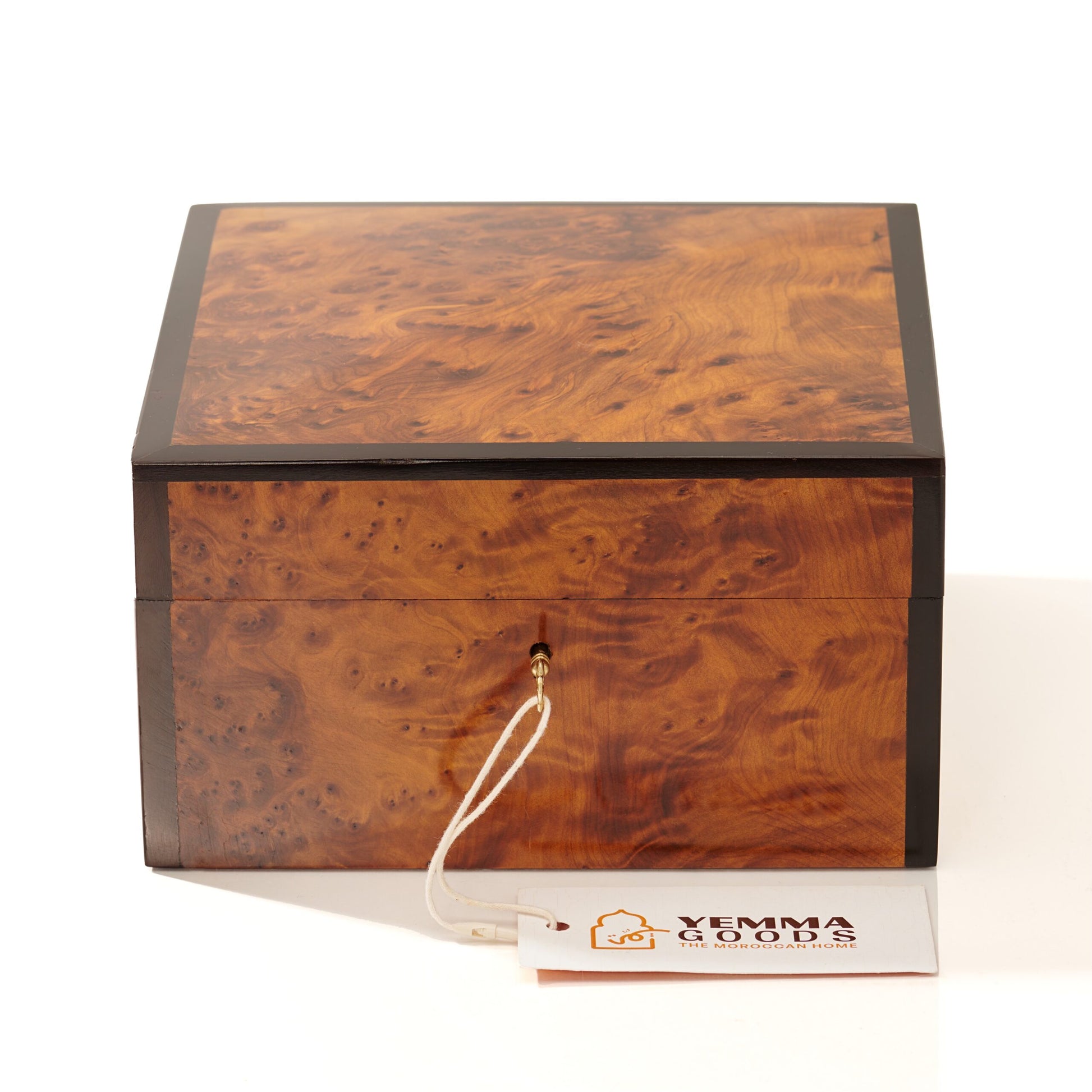 face shot of AKAL Thuya Wood Burl Jewelry Box with Lockable Lid