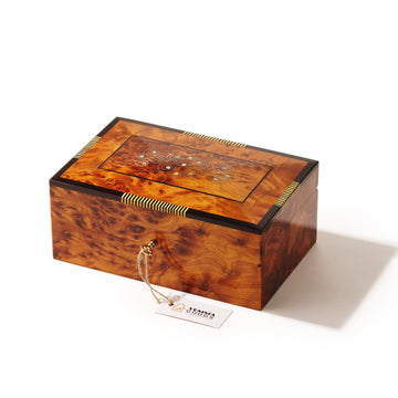 Lockable Thuya Wood Jewelry Box: Burl Wood, Mother of Pearl Inlay