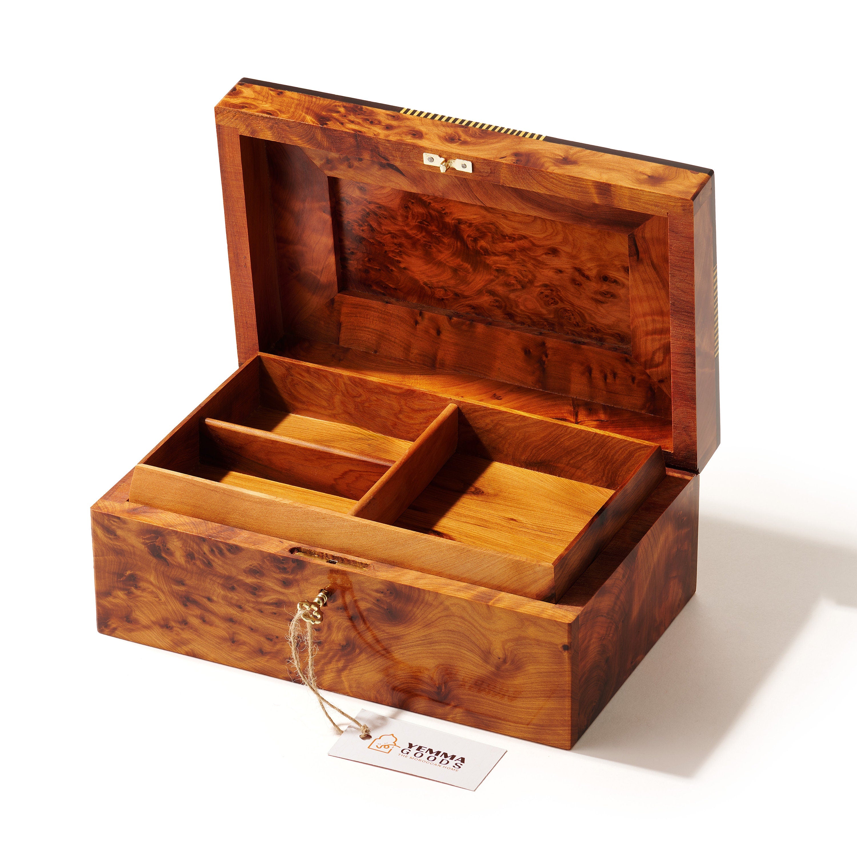 Lockable Thuya Wood Jewelry Box: Burl Wood, Mother of Pearl Inlay