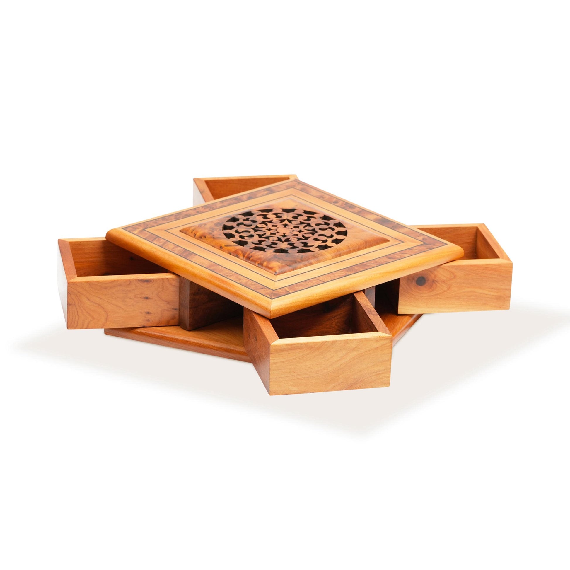 Handcrafted Thuya Wood Rotary Jewelry Box with Folding Compartments