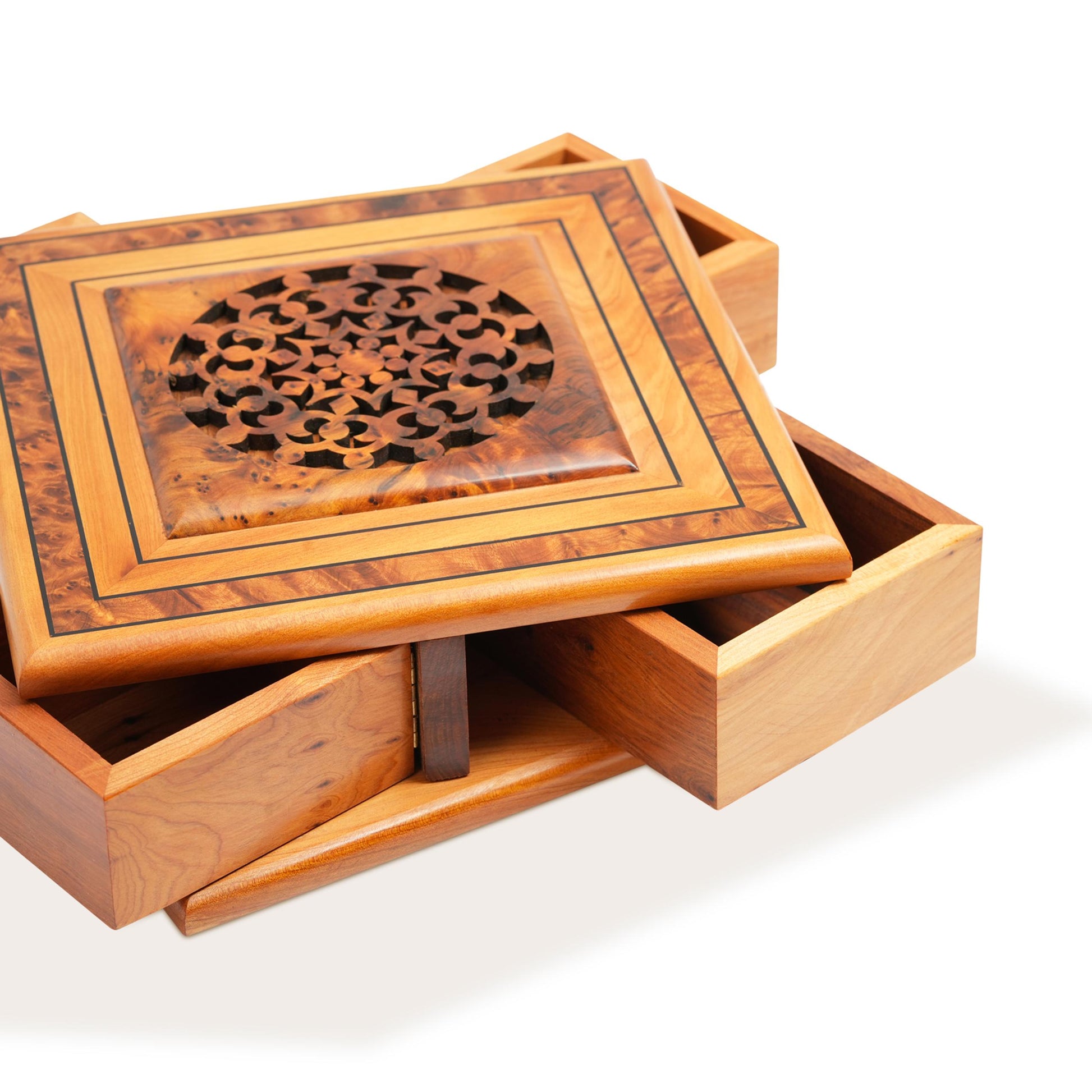 Handcrafted Thuya Wood Rotary Jewelry Box with Folding Compartments