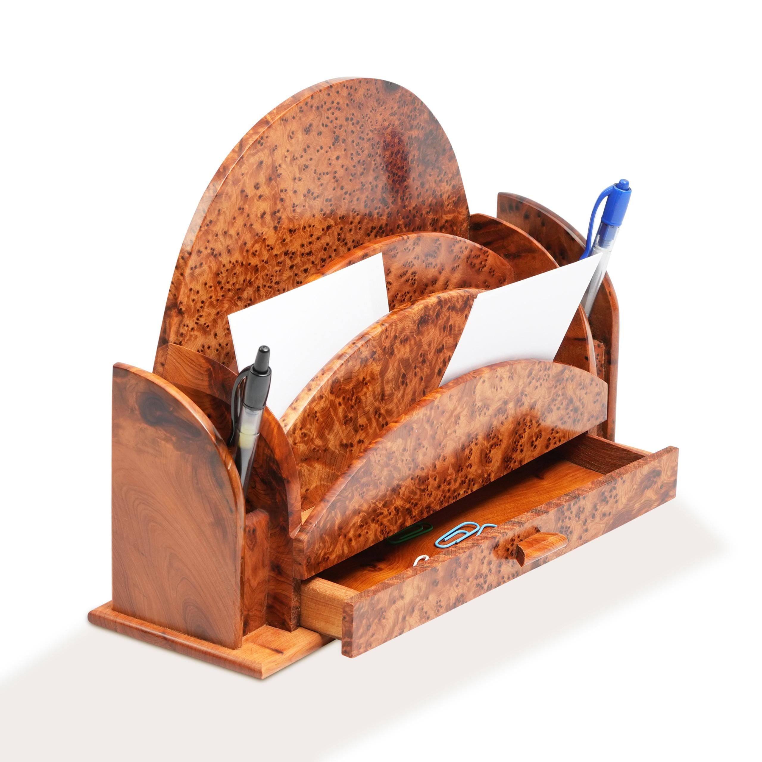 Handcrafted Thuya Burl Desk Organizer with Drawer