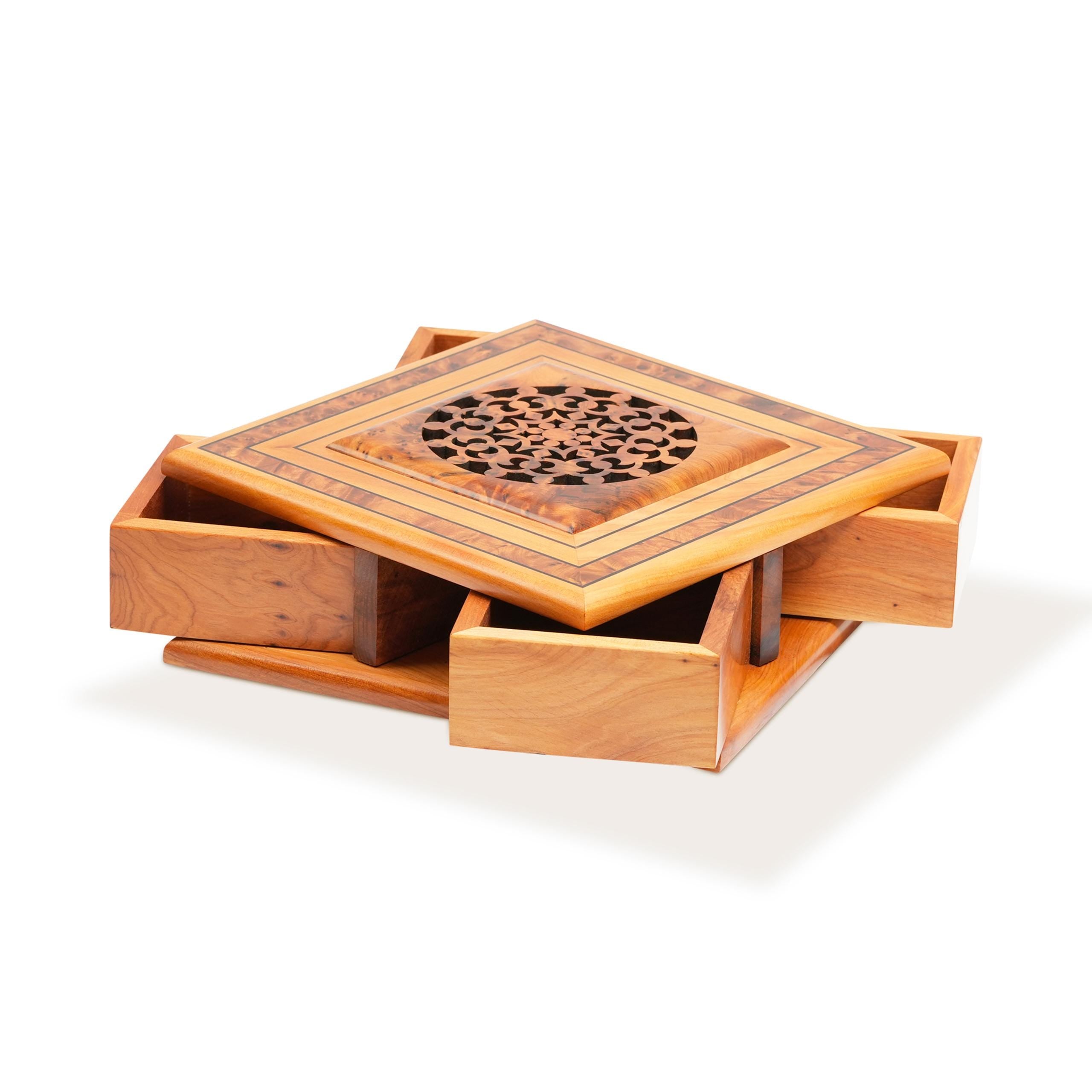 Handcrafted Thuya Wood Rotary Jewelry Box with Folding Compartments