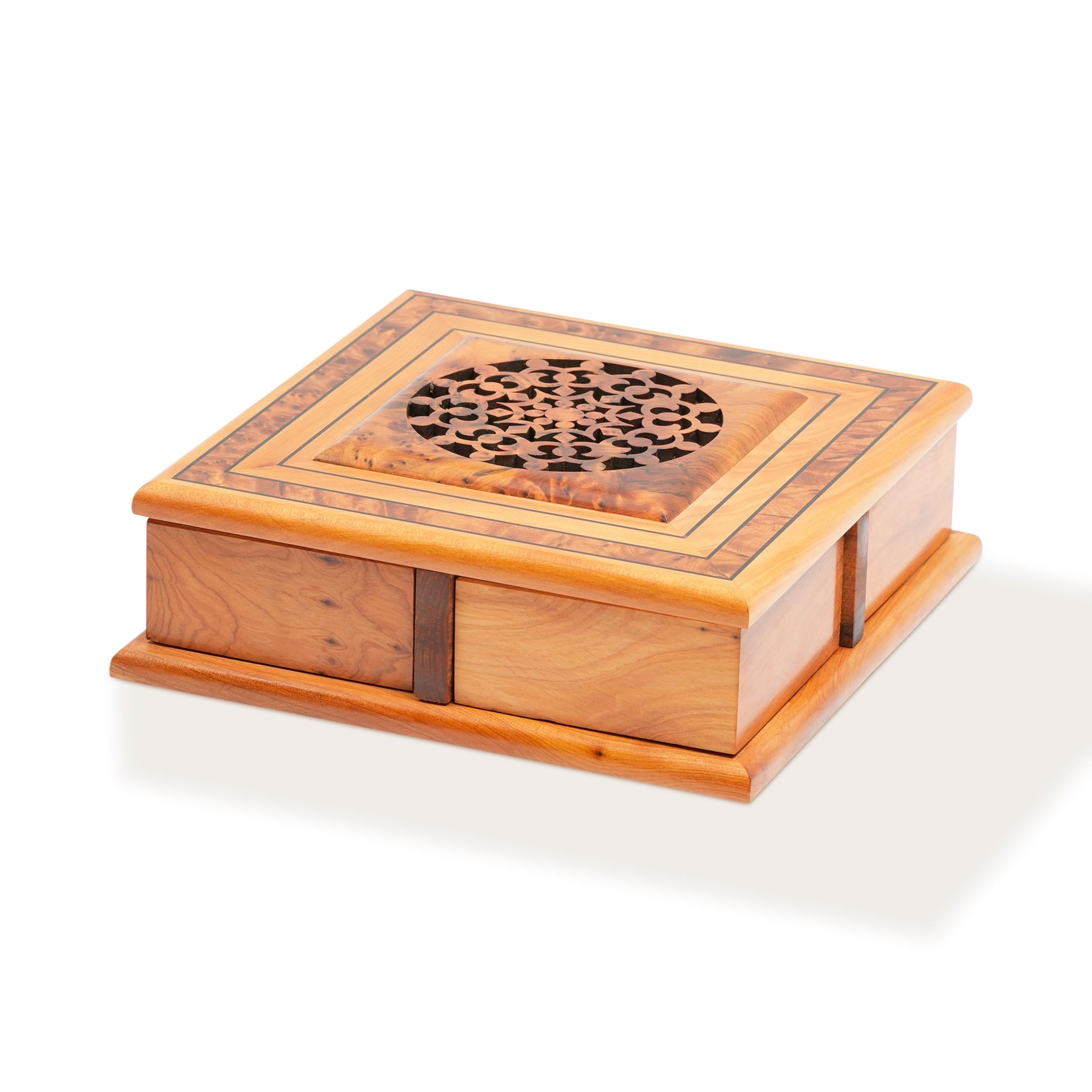 Handcrafted Thuya Wood Rotary Jewelry Box with Folding Compartments