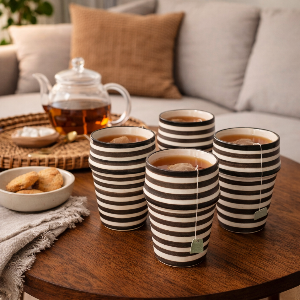 Striped ceramic cups with tea bags on a wooden table, with a teapot and cookies in the background.