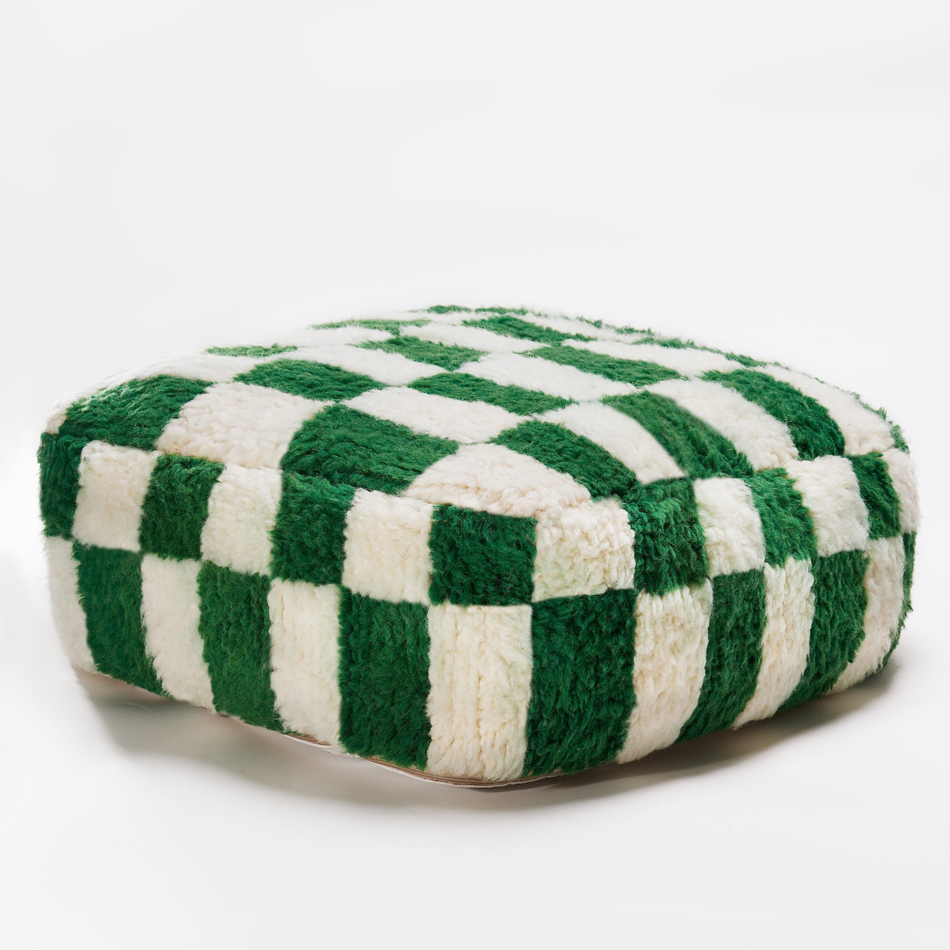 Moroccan Handwoven Beni Ouarain Checkered Flour Pouf - Green