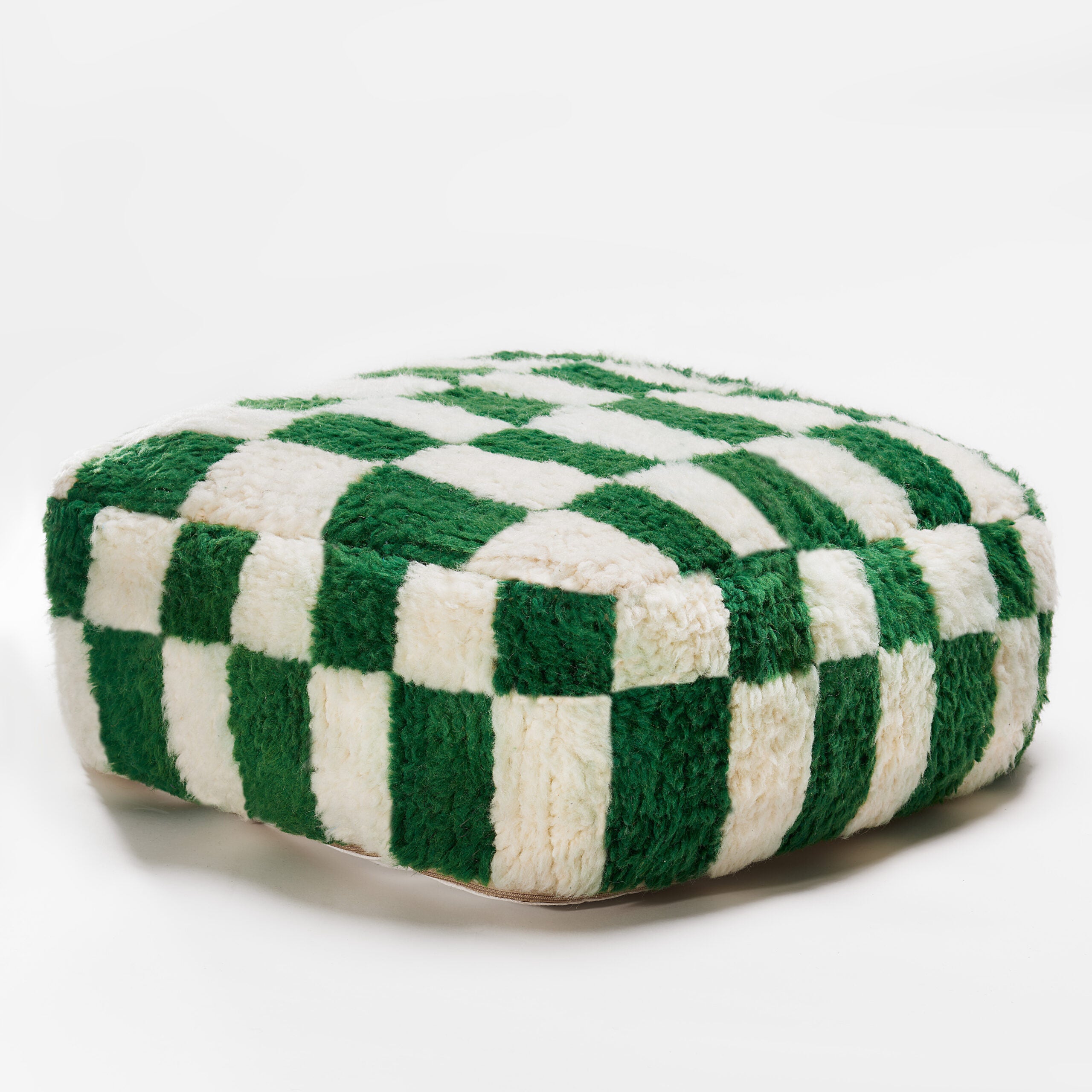 Moroccan Handwoven Beni Ouarain Checkered Flour Pouf - Green