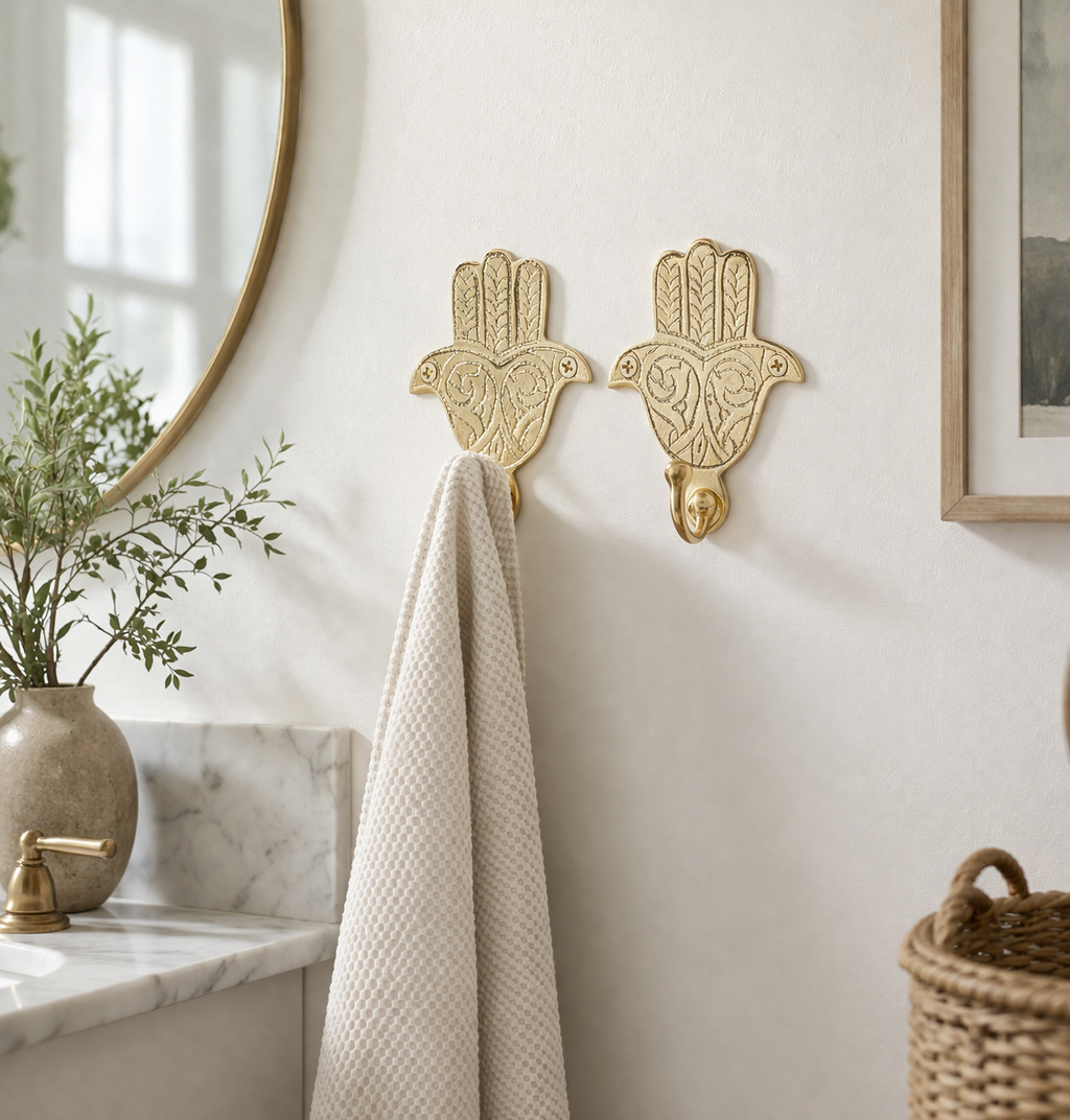 handmade brass Hamsa hand wall hooks on a white wall with a towel draped over one of them, in a bathroom setting.