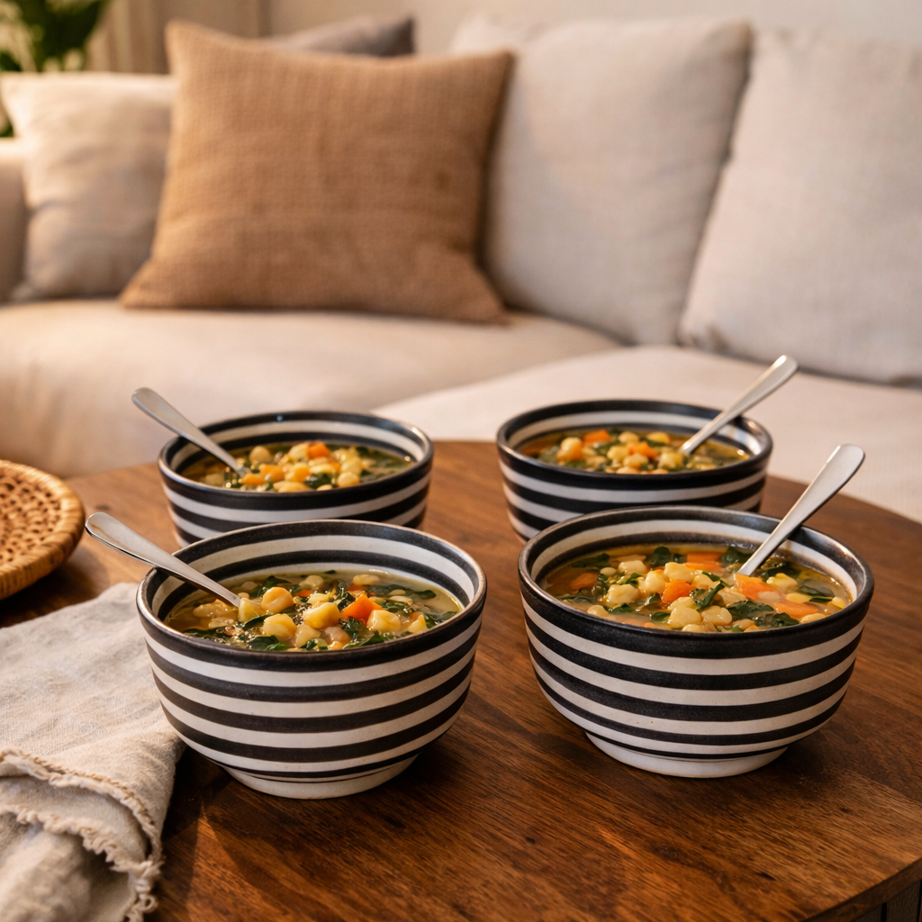Handmade striped ceramic soup bowls with soup on walnut table in cozy living room