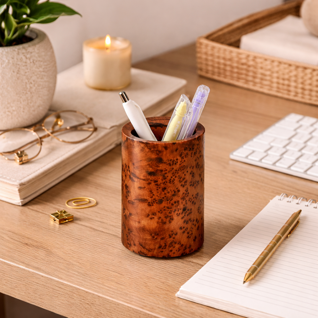 Wooden pen holder with pens on a desk with a candle, glasses, and keyboard in the background.