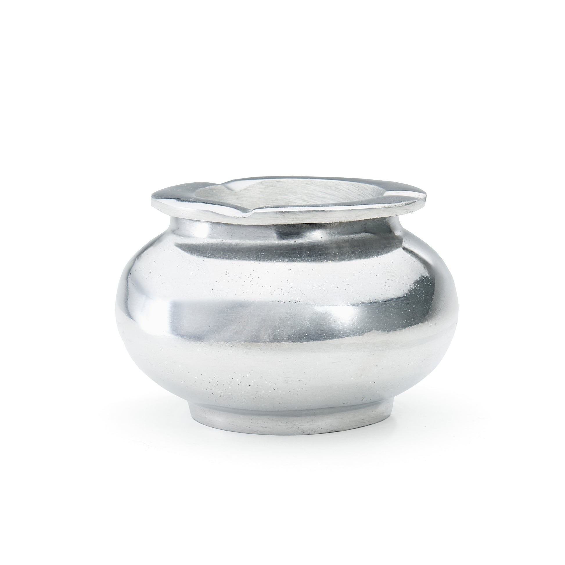 smooth aluminum metallic shiny ashtray with lid on a white background