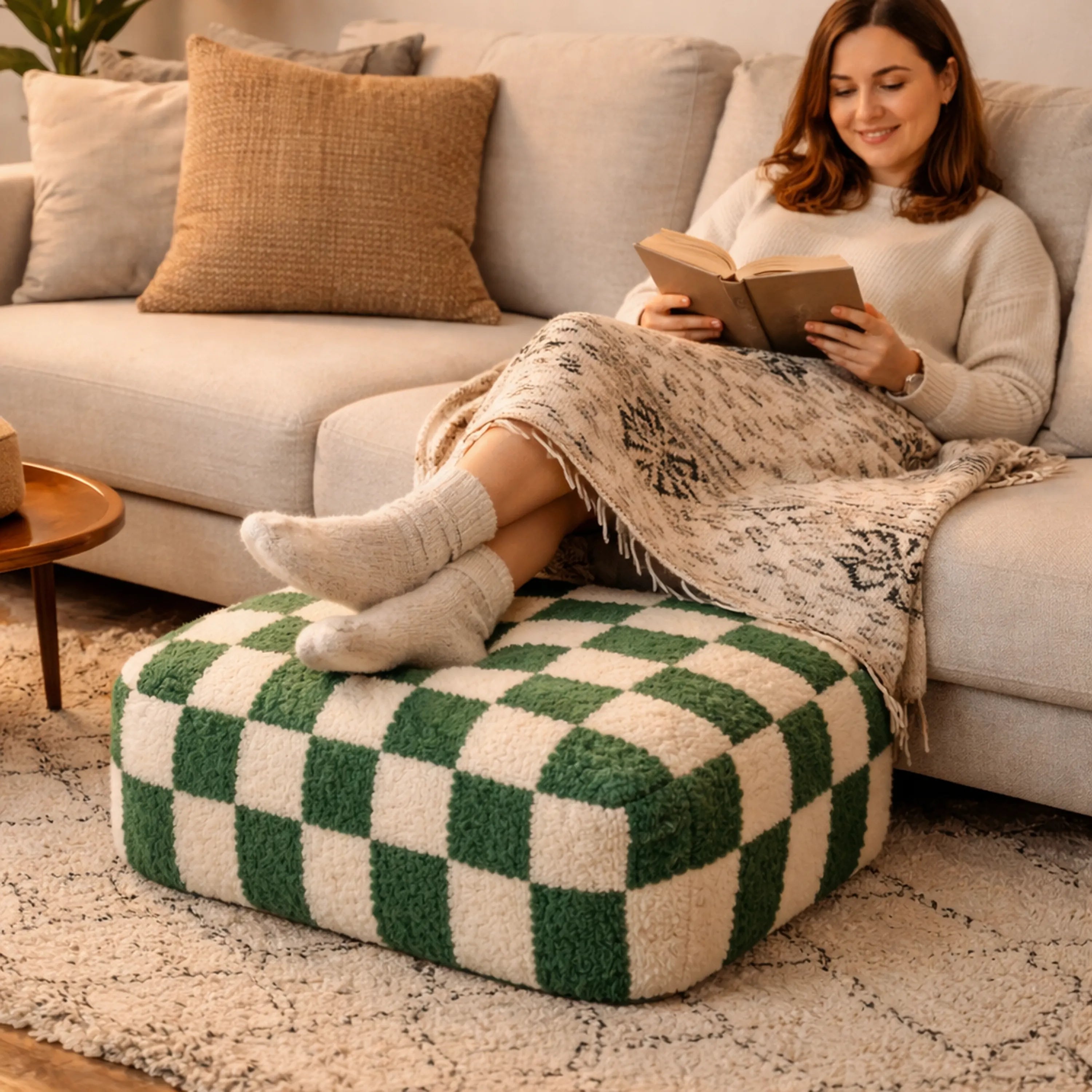 Handmade Moroccan Checkered Wool Pouf – Beni Ouarain Floor Cushion