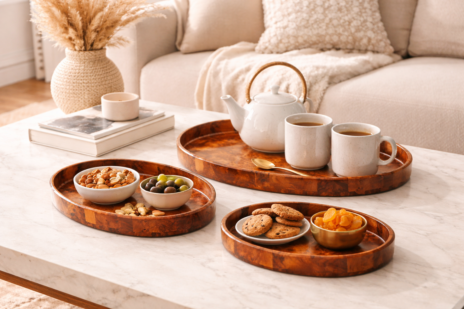 Tea set with teapot, cups, and snacks on wooden trays in a cozy living room.