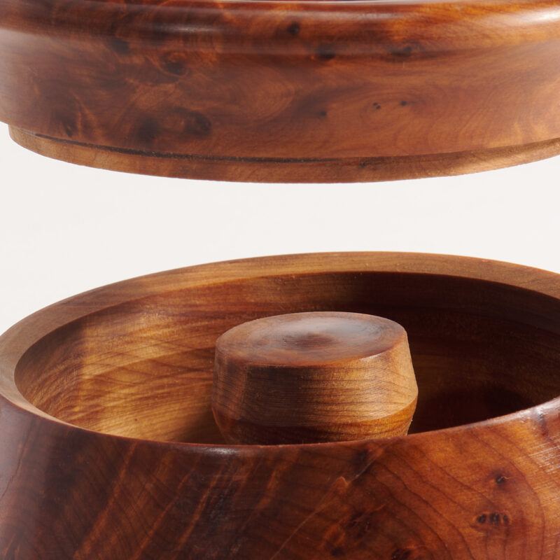 close up on thuya wood burl carved ashtray interior, smooth carving and design