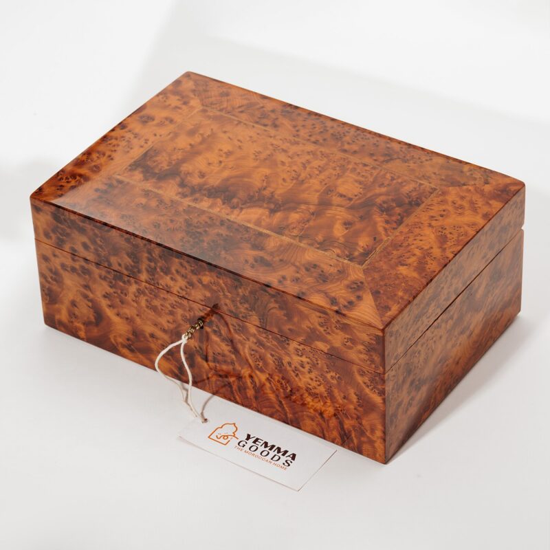 thuya burl wooden jewelry box with walnut accent on the lid