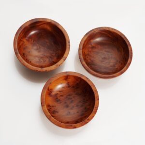 3 thuya wooden bowls overhead shot showing intricate wood burl grain
