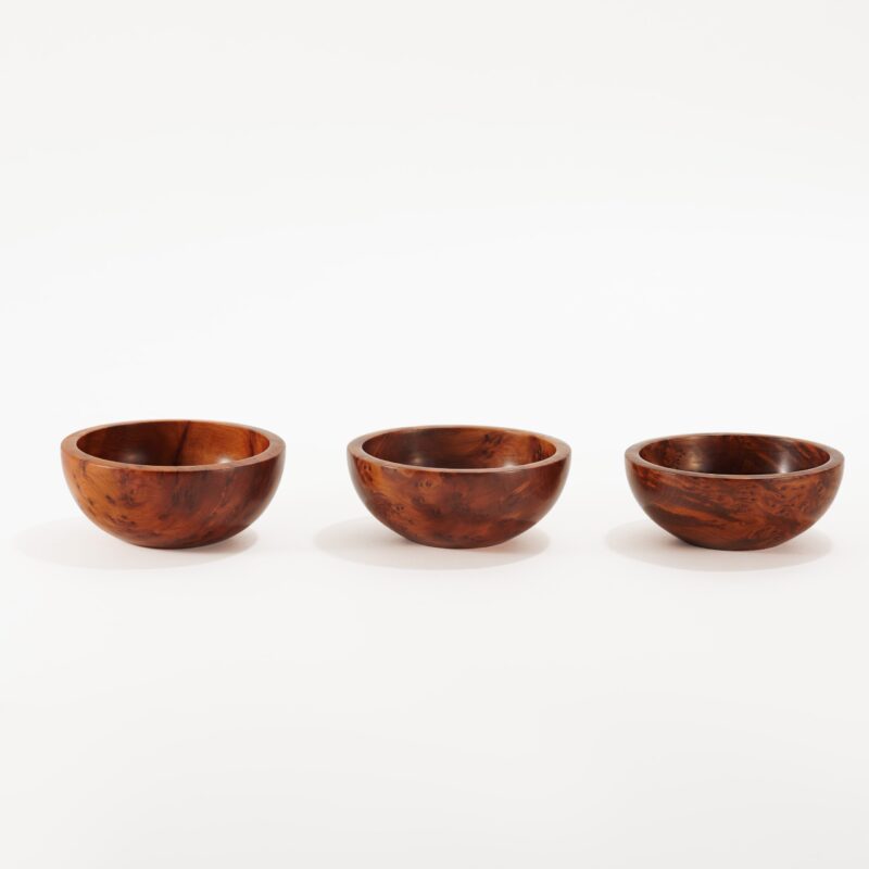 3 thuya wooden bowls shot showing intricate wood burl grain