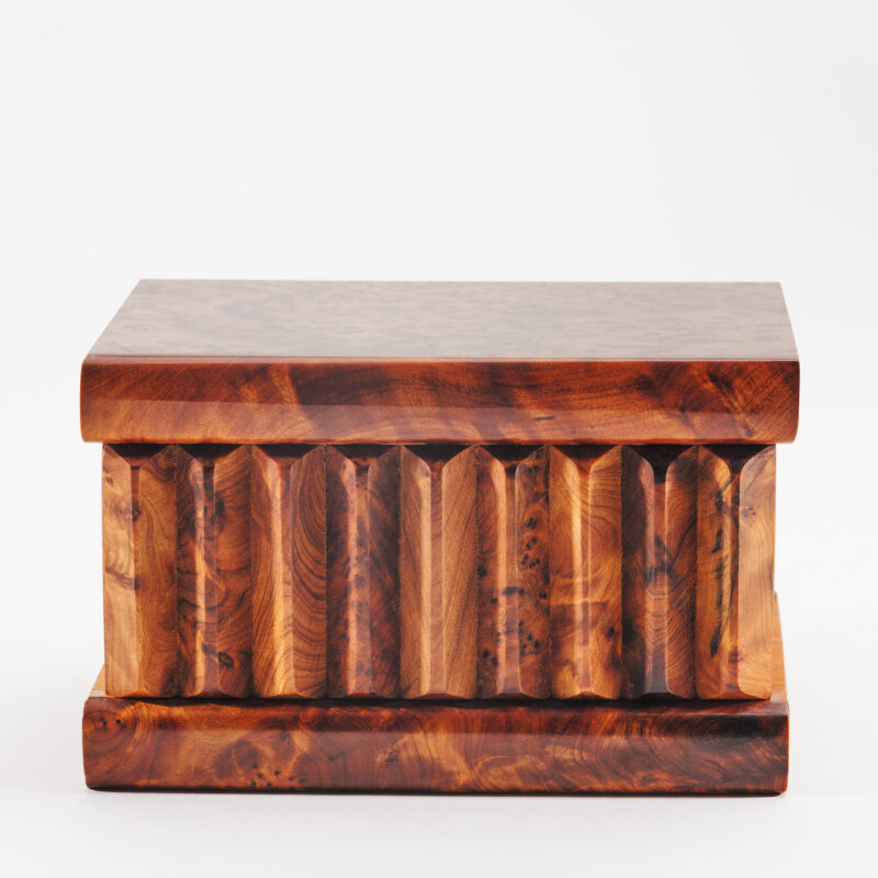 closed thuya wooden puzzle box with intricate burl grain patterns