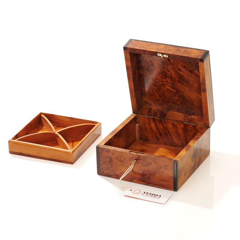 Thuya wooden keepsake box with upper tray and underneath storage space, the tray is divided into 4 compartments for easy organization