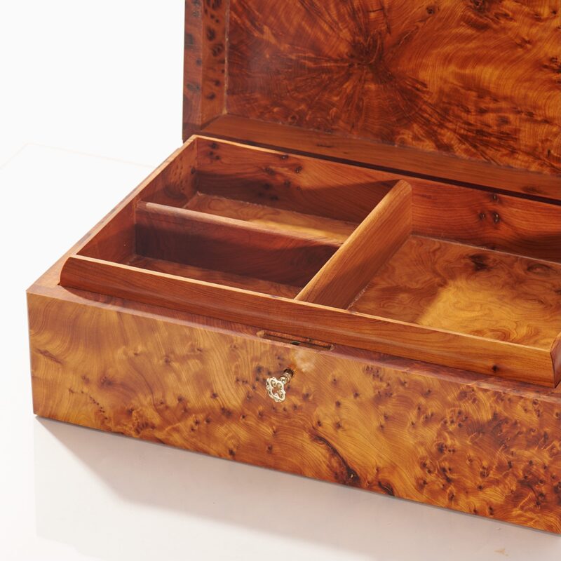 open wide Thuya Burl Wooden Jewelry Box with upper tray - lockable with key