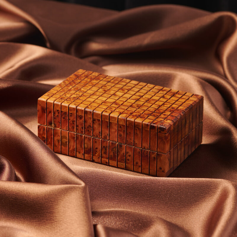 Yemma Goods Handmade Thuya Wooden Secret Box AZTTA made of thuya burl veneer , on a brown shiny soft tissue