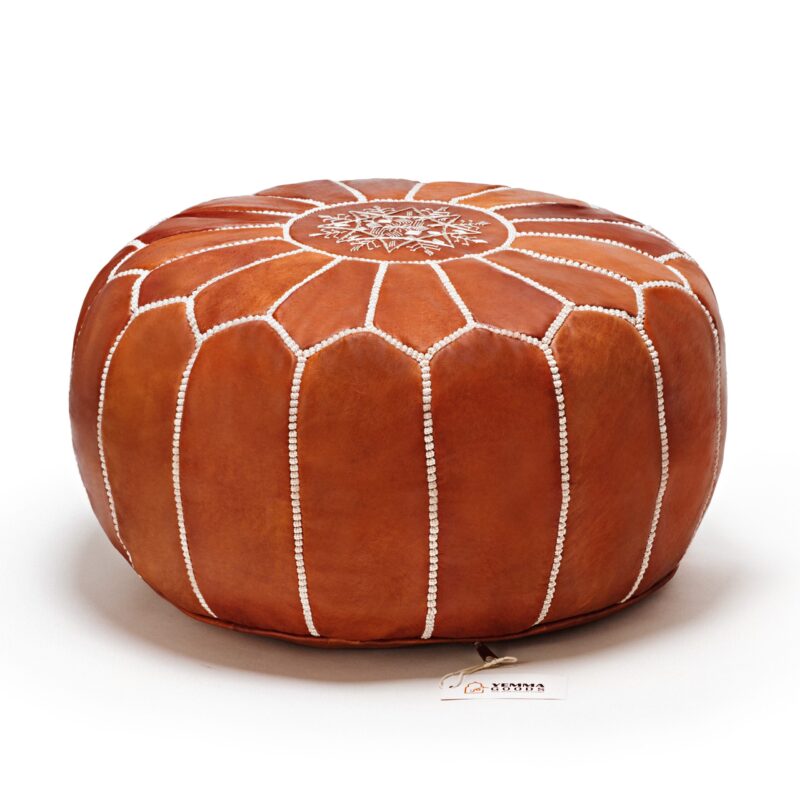 moroccan ottoman leather pouf dark tan with white embrodery