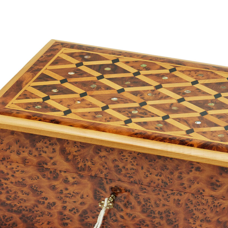Thuya wood burl jewelry and keepsake box by yemma goods, handmade in morocco, featuring hand carved cedar wood accents on the lid
